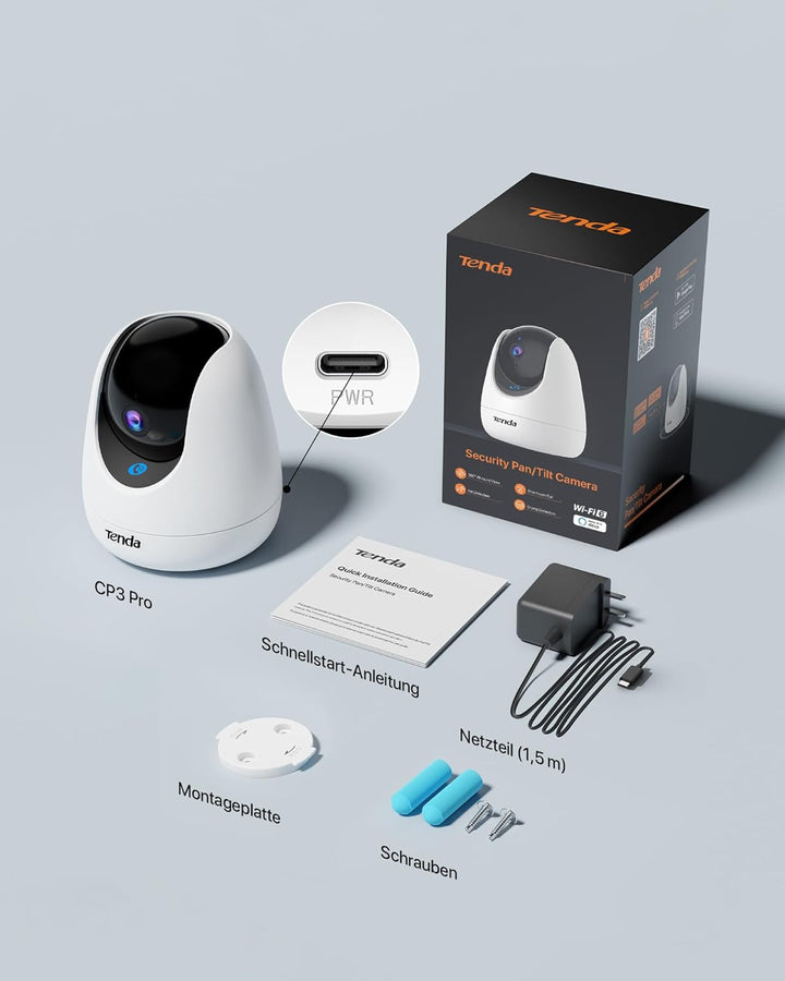 Tenda CP3 Überwachungskamera Innen, 1080p WLAN IP Kamera mit 2-Wege-Audio, 360°/155° drehbar, 12m Na