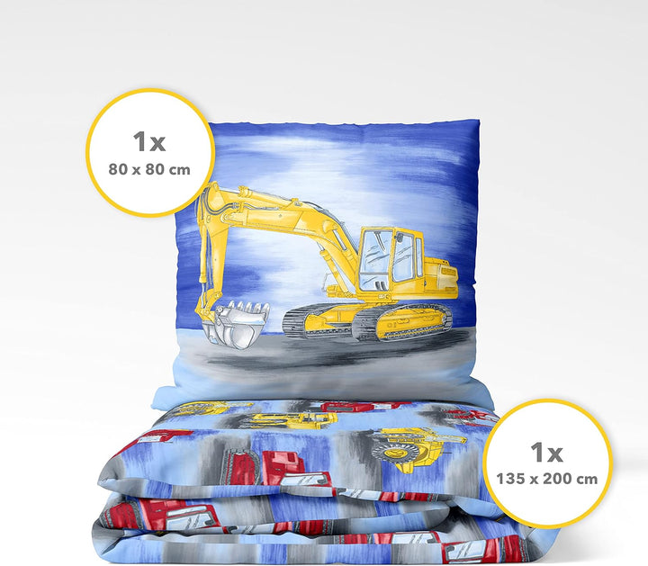 Träumschön Bagger Bettwäsche 135x200 Jungen - Biber Bettwäsche 135x200 Jungen mit Baufahrzeugen - To