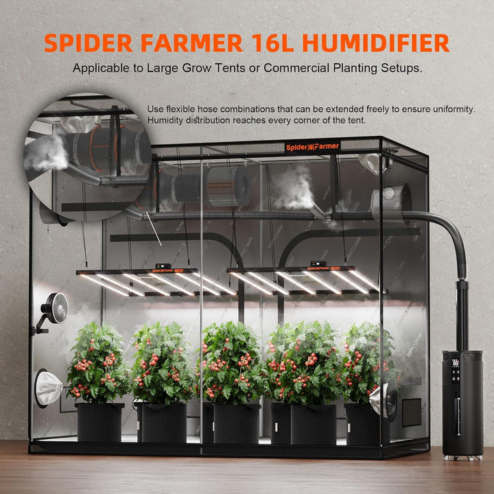 Spider Farmer 16L Luftbefeuchter mit Timer und 4 verlängerten Schläuchen, 4 Nebelstufen, Gewerbliche