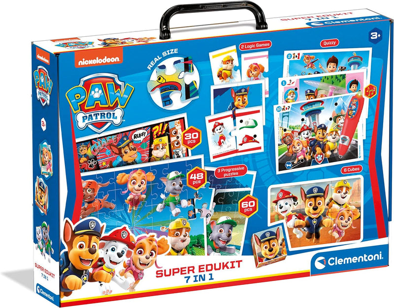 CLEMENTONI - 18112 – Super Edukit 7 in 1 – Paw Patrol (3 Puzzles von 30, 48 und 60 Stück, 6 Würfel,