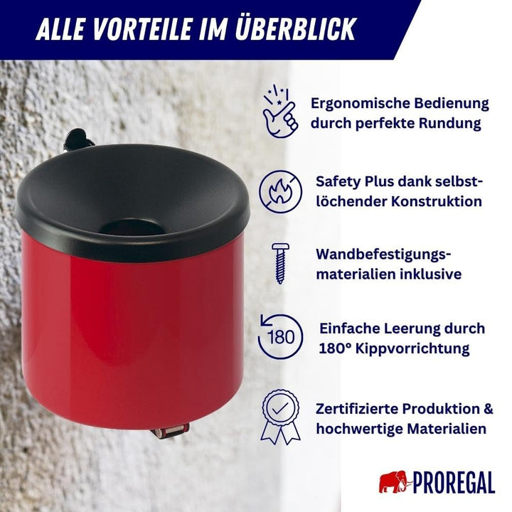 PROREGAL Runder Sicherheits-Wandaschenbecher mit Kippvorrichtung | 2 Liter, HxØ 16x16cm | Metall | R