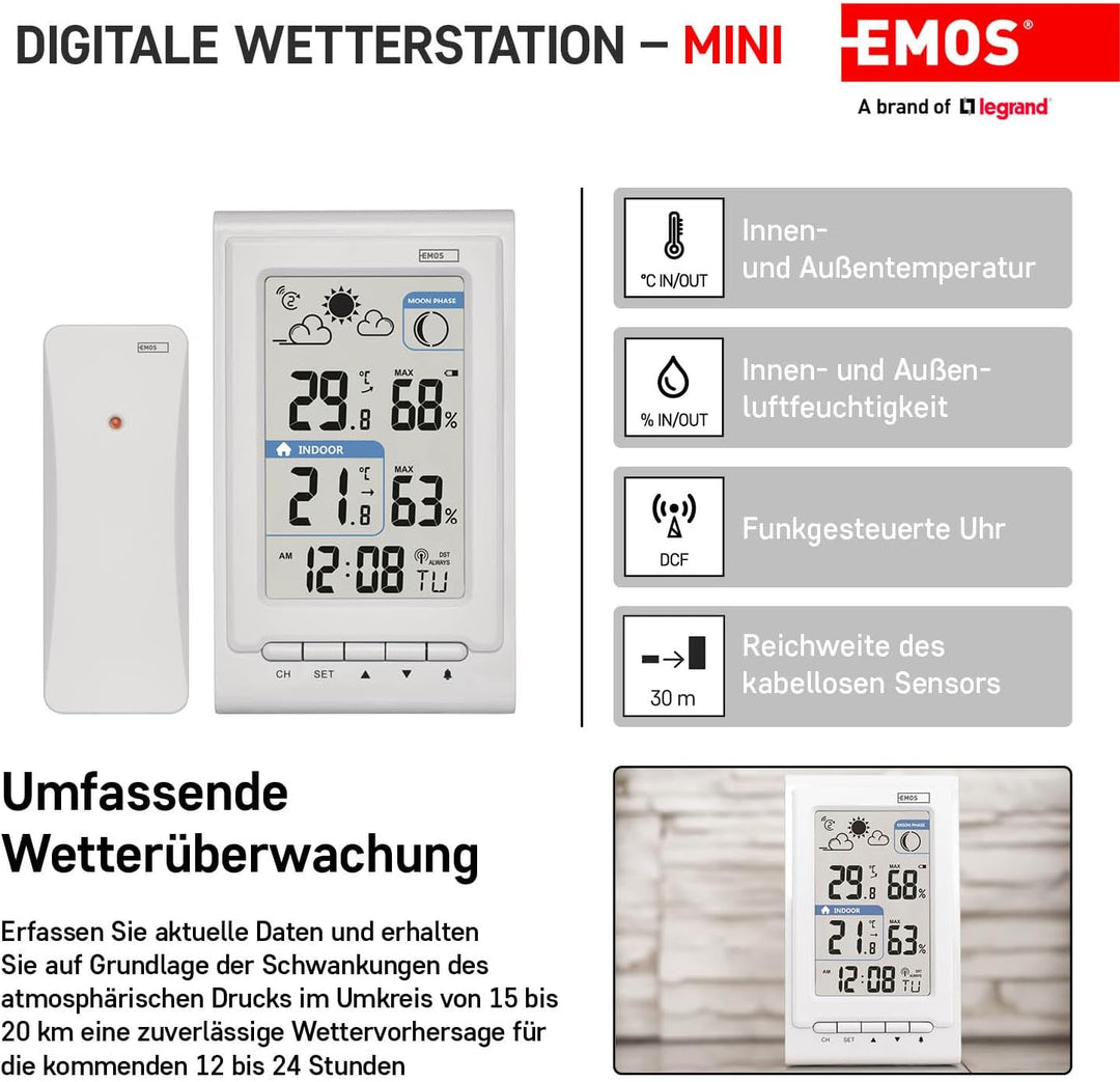 EMOS Mini Funk-Wetterstation mit Aussensensor, misst Innen- und Aussentemperatur, Feuchtigkeit, Wett
