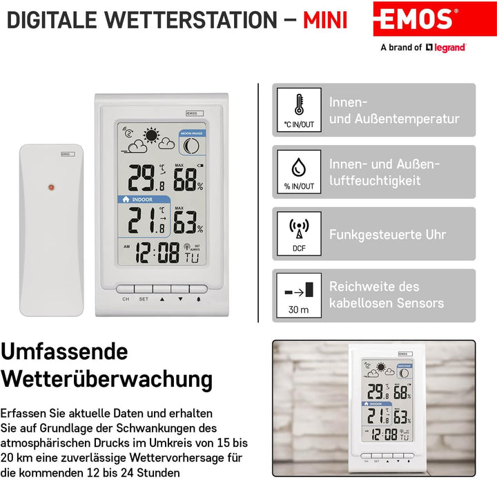EMOS Mini Funk-Wetterstation mit Aussensensor, misst Innen- und Aussentemperatur, Feuchtigkeit, Wett