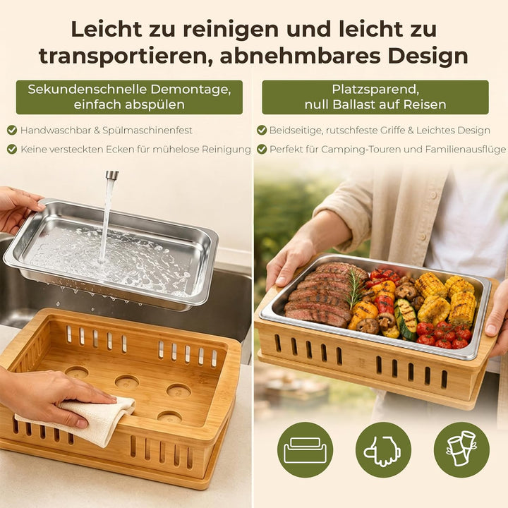 Tragbare Warmhalteplatte für Grillgut mit Edelstahlauflage 32,5x26,5x4cm | Leicht zu Reinigende BBQ