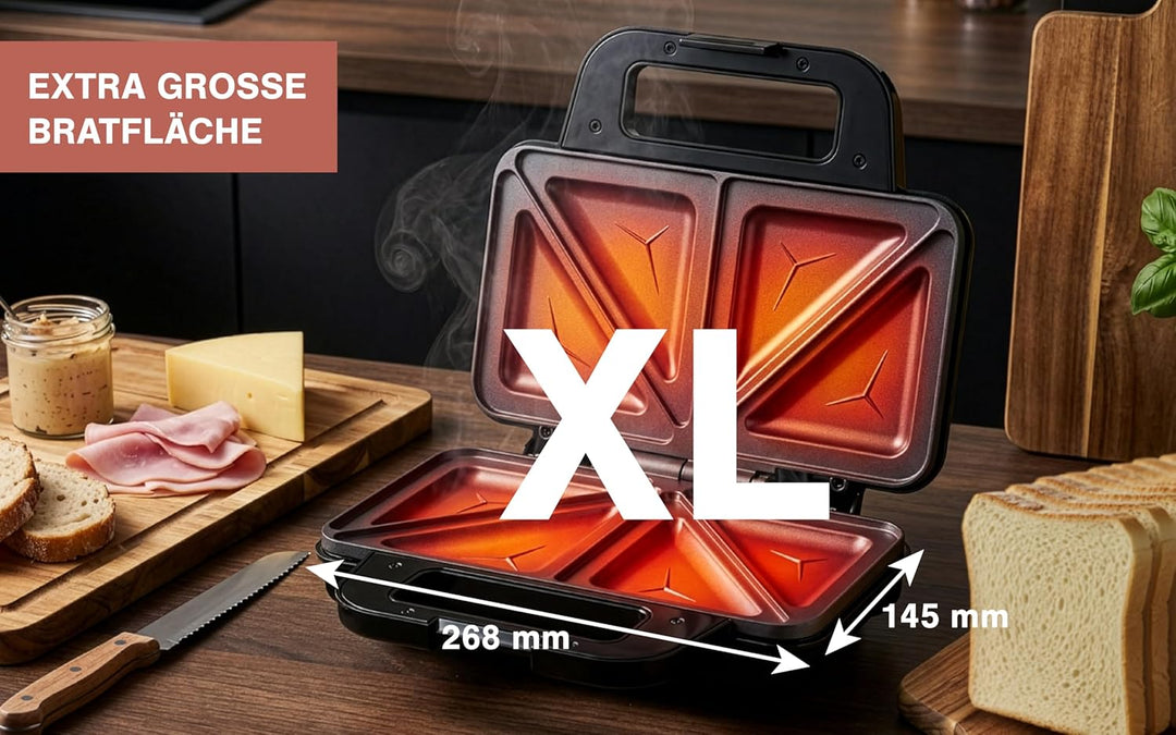 Sandwichmaker 900W, Sandwich Toaster mit Extra grossen Antihaftplatten 268×145 mm, Toastmaker für 2