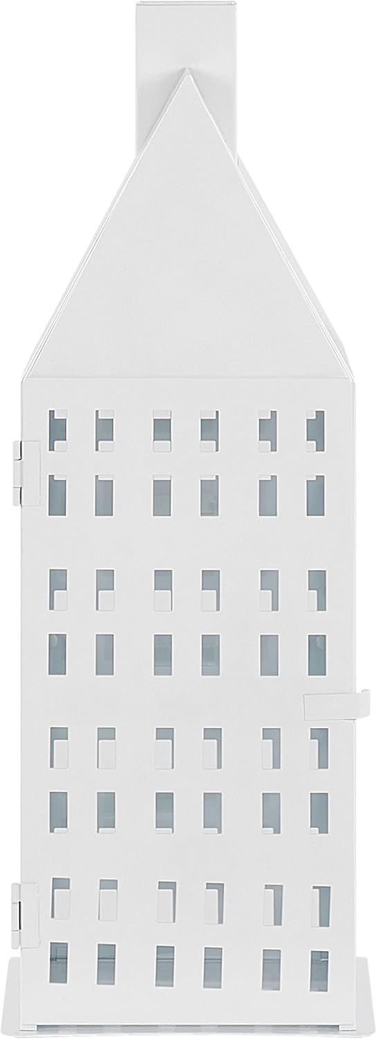 Laterne weiss Metall mit Glaseinsatz Hausmotiv fensterförmige Löcher 40 cm Dolok