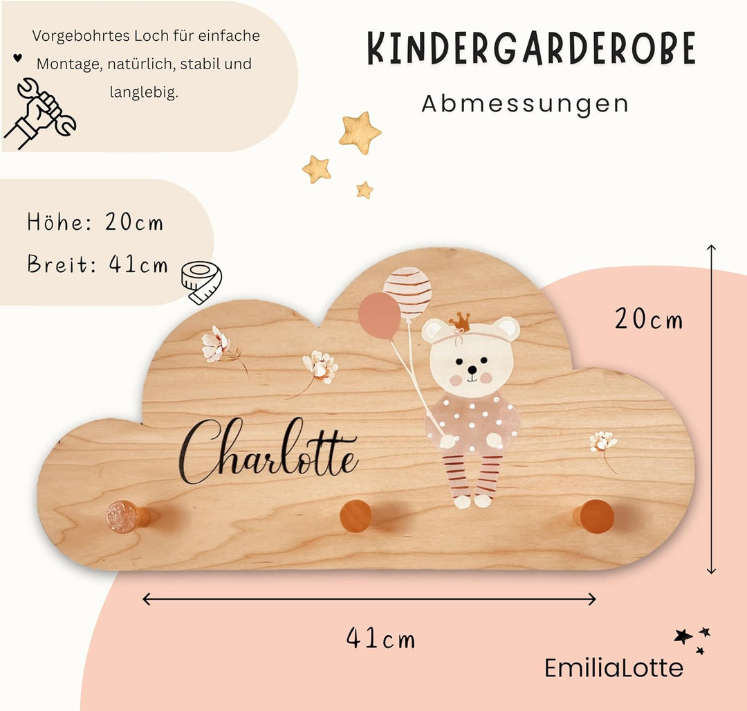 EmiliaLotte Kindergarderobe Personalisiert mit Wunschname I Garderobe Kinder aus Holz - Verschiedene