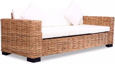 Tidyard 3-Sitzer-Sofa Rattan-Sofa Gartensofa Natürliches Rattan und Mango-Holz Loungesofa mit Sitz-