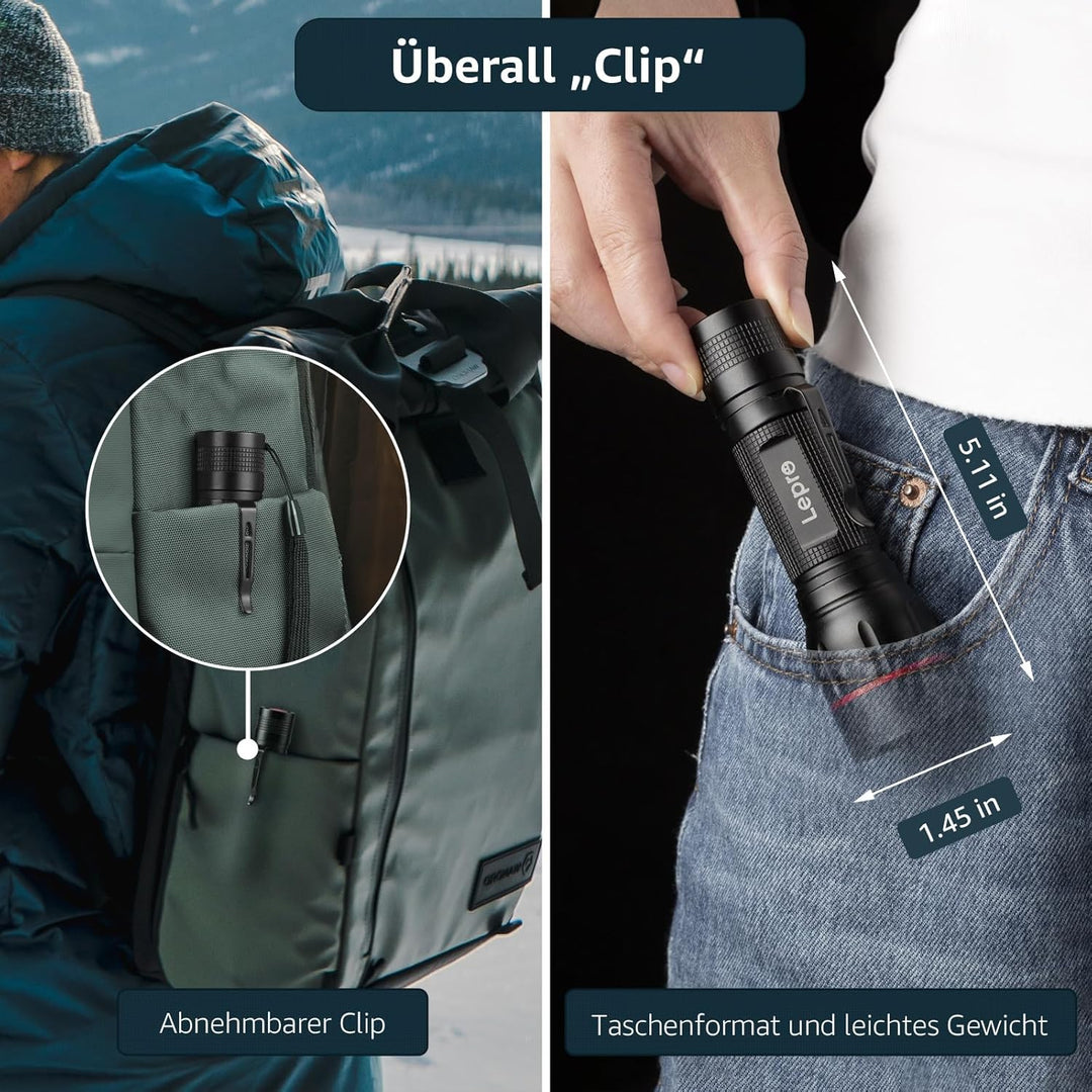Lepro LED Taschenlampe, LE2050 Extrem Hell, mit Clip, Zoombare Handlampe mit 5 Modi, Wasserdichte Fl