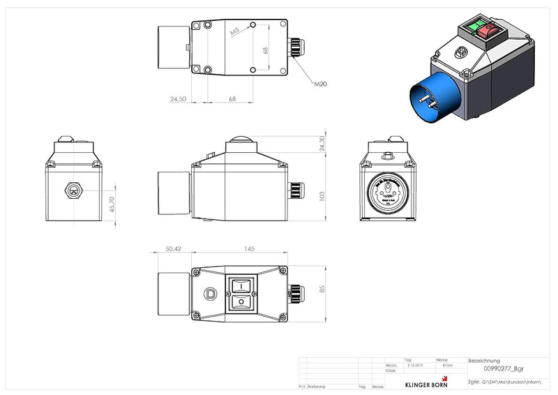 KlingerBorn Motorschutzschalter ISKRA MS25 6,3-10A in Gehäuse mit Schuko-Kragenstecker Schuko-Kragen