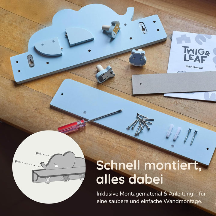 Twig &amp; Leaf Wandregal Kinderzimmer, Kindergarderobe mit Ablage und 3 Haken aus Massivholz, Schlafend