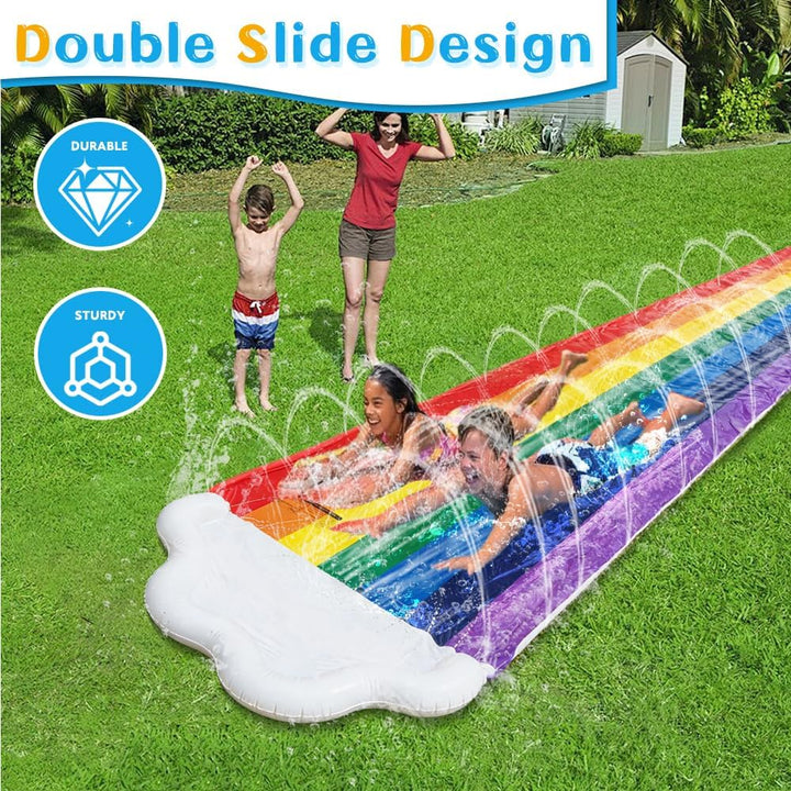 Wasserrutsche Garten für Kinder,480x140CM Regenbogen Doppel Wasserrutschmatte mit 2 Bodyboards 5 Rep