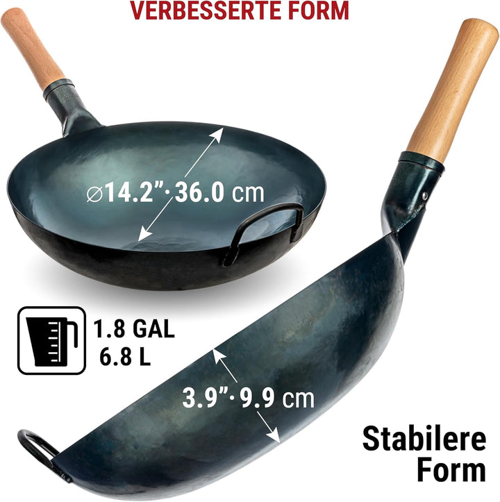 YOSUKATA Karbonstahl Woks & Wokpfannen (36 cm) -Voreingebrannter Wok Pfanne Carbonstahl Runder Boden