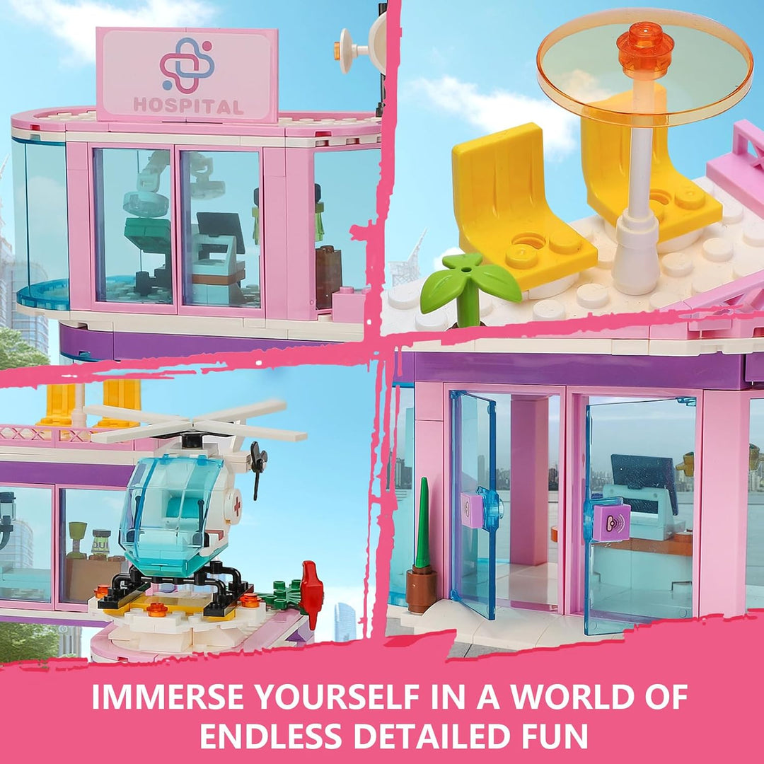 QLT QIAOLETONG Rosa Mädchen City Krankenhaus Baustein Set, Kompatibel mit Lego, inklusive Rettungs H