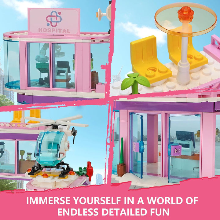QLT QIAOLETONG Rosa Mädchen City Krankenhaus Baustein Set, Kompatibel mit Lego, inklusive Rettungs H