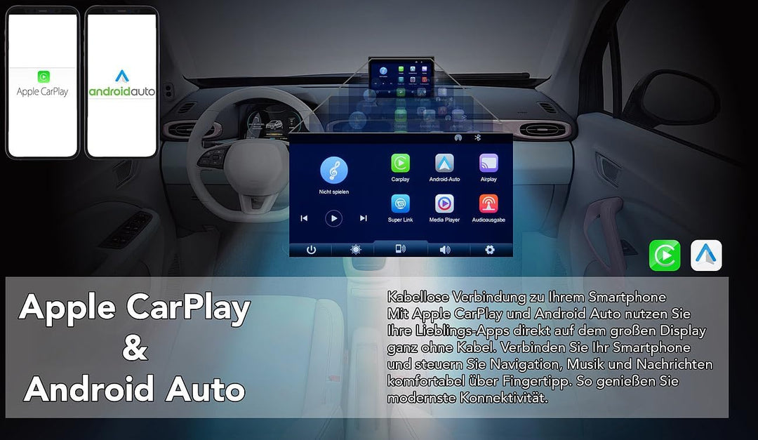 Lescars Navigation: IPS-HD-Touchscreen, 7"/17,8 cm, für Apple CarPlay &amp; Android Auto, 360° (Apple Ca