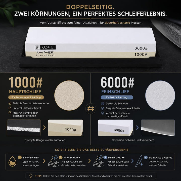 Wakoli Messer Schleifstein 1000er und 6000er Körnung (beidseitig) I Messerschärfer Set - Wetzstein z