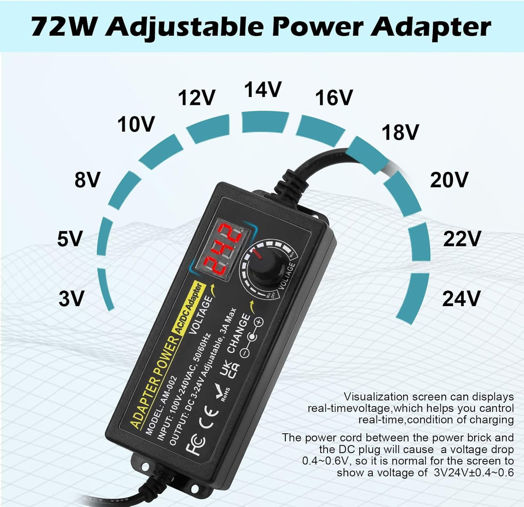 72W Universal Einstellbares Netzteil Adapter 100V-240V AC to DC 3V-24V 3A Konverter Netzteil,Einstel