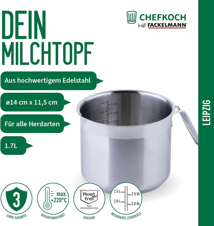 FACKELMANN Chefkoch Milchtopf aus Edelstahl 18/8 - ø14 cm, Aluminium-Kern, für alle Herdarten inkl.