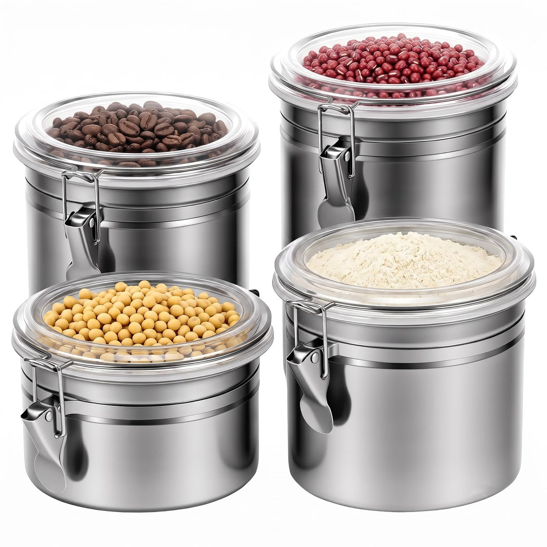 4er Set Edelstahl Kaffeebohnen Behälter mit Deckel für Küche | Kaffeedose luftdicht für 500g/1kg Boh