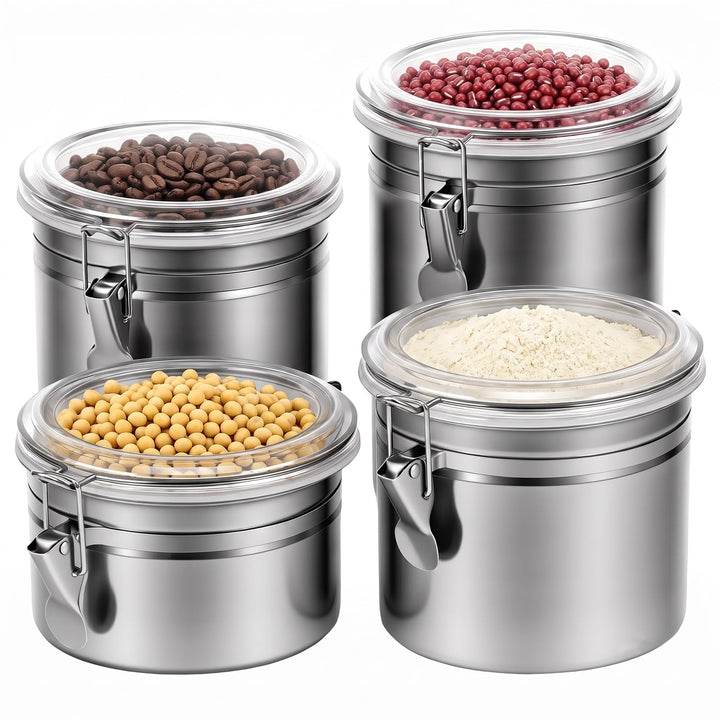 4er Set Edelstahl Kaffeebohnen Behälter mit Deckel für Küche | Kaffeedose luftdicht für 500g/1kg Boh