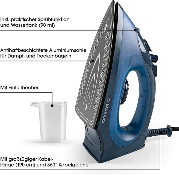 CLEANmaxx Dampfbügeleisen mit Temperatur- & Dampfregler | Geeignet zum Trocken- & Dampfbügeln | Mit