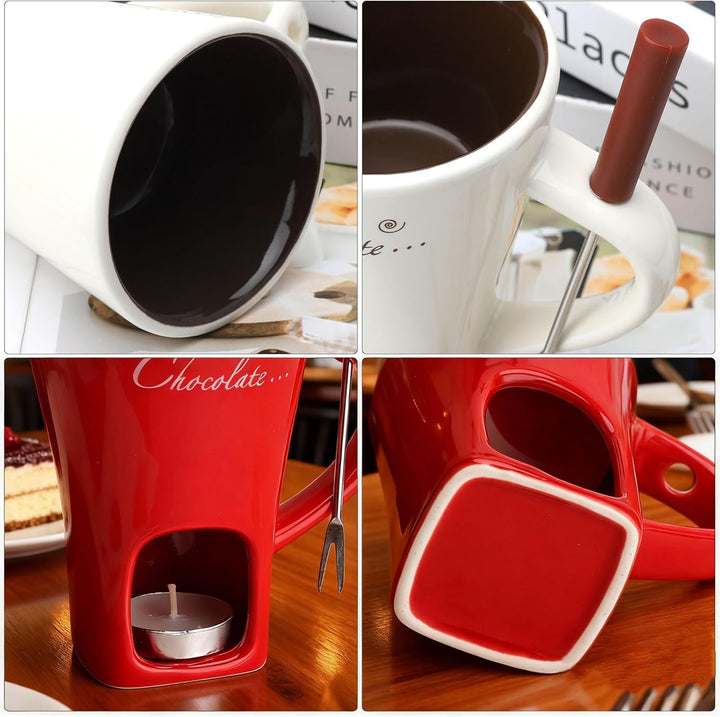 2PCS Schokofondue Tasse Keramik 130ML Schoko Fondue Cup mit Teelichthalter Gabeln Schokoladenfondue