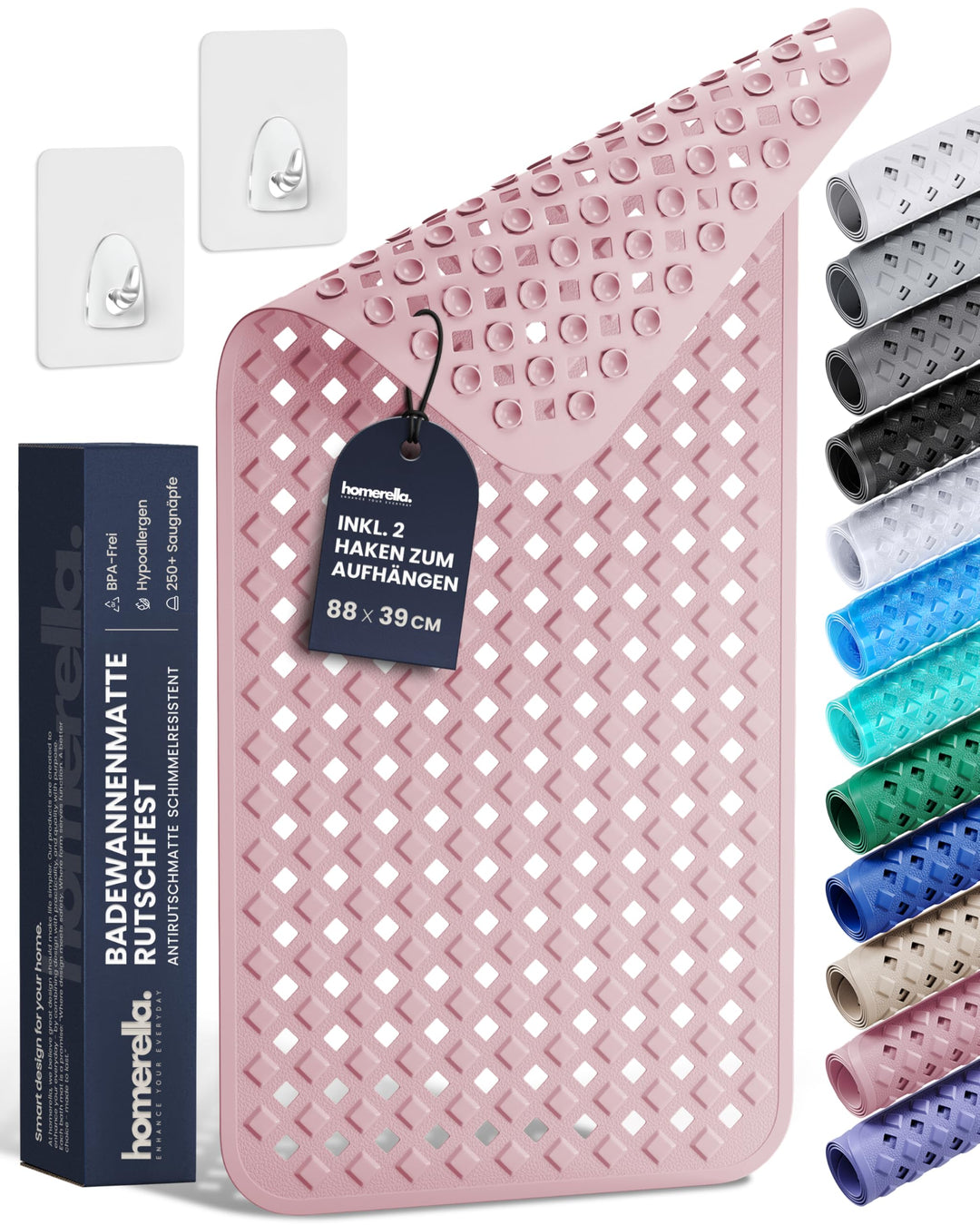 homerella® Badewannenmatte rutschfest 88x39cm, INKL. HAKEN, Rutschfeste Badematte BPA frei, Duschmat