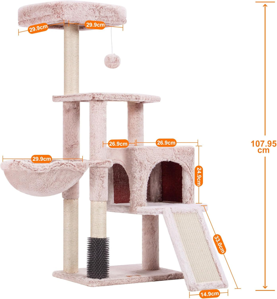 Heybly Kratzbaum mit Katzenbürste, Katzenbaum für Hauskatzen mit Gepolsterter Sitzstange aus Plüsch,