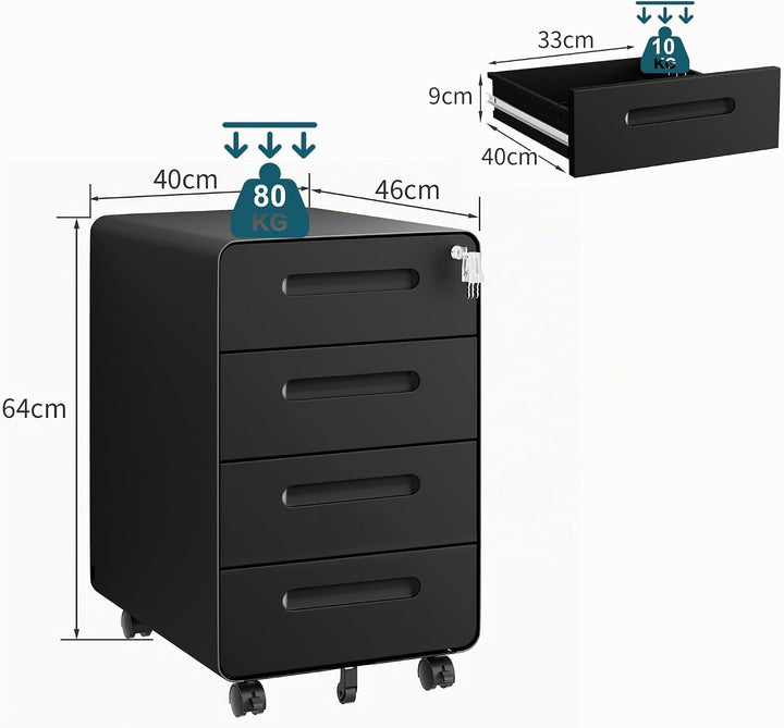LVSTEEL Rollcontainer mit 4 Schubladen, Aktenschrank, Abgerundetes Eckendesign, Abschliessbar, 4 Sch