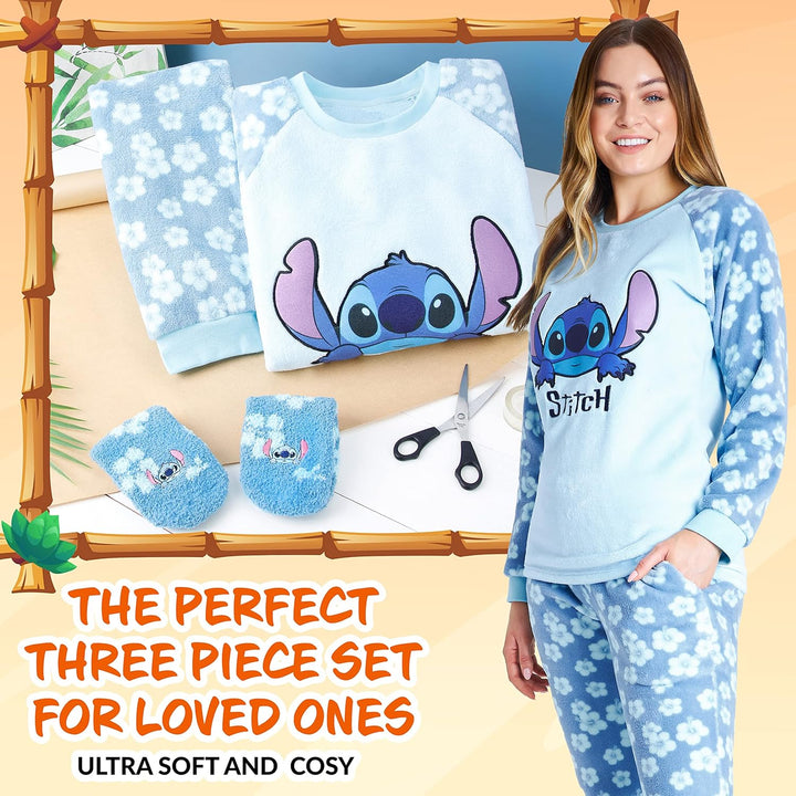 Disney Schlafanzug Damen mit Kuschelsocken Set Charaktere Stitch Geschenke Set L Blau Stitch, L Blau