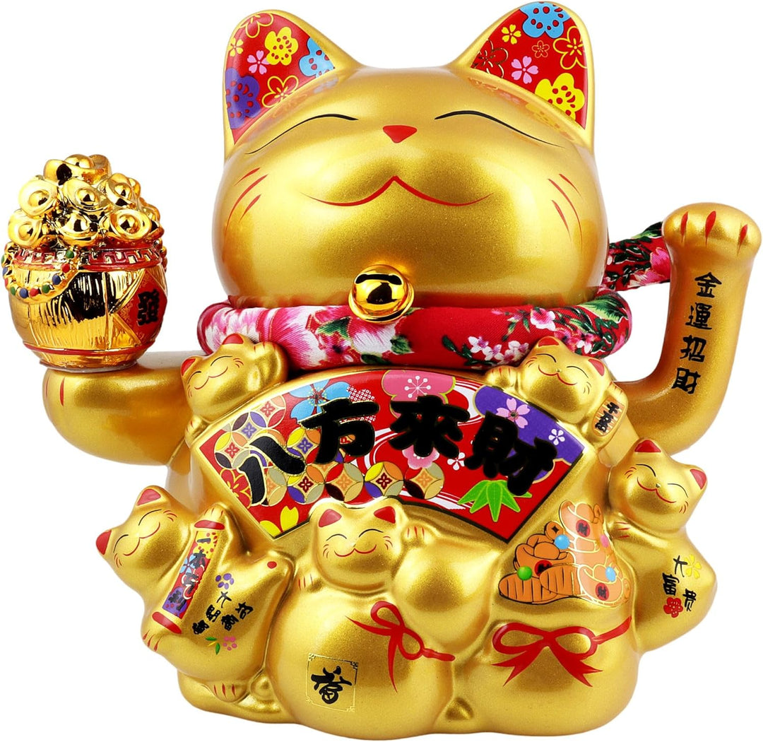 Freak Scene Glückskatze Maneki-Neko Winkekatze Porzellan 21cm Gold winkende Katze Lucky cat