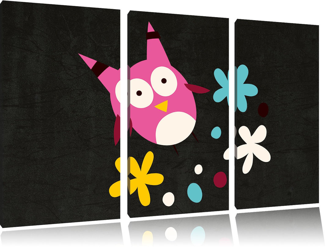 Pixxprint Fliegende Eule mit Blumen als Leinwandbild/Grösse: 3 Teilig (120x80) cm/Wandbild/Kunstdruc