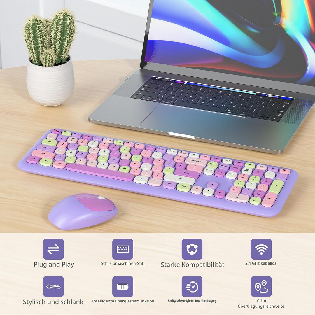 SOLIDEE Buntes kabellose Tastatur und Maus-Kombination,2.4GHz Retro Schreibmaschine Tastatur,104 Tas