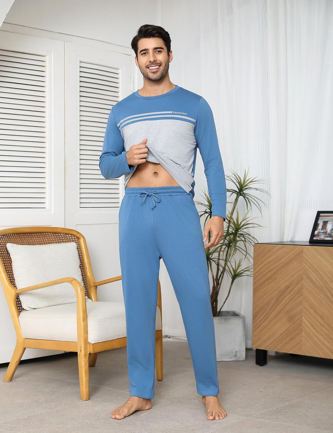 Schlafanzug Herren Lang Pyjama Winter Baumwolle Nachtwäsche Set Männer mit Knöpfen XXL Blau_1, XXL B