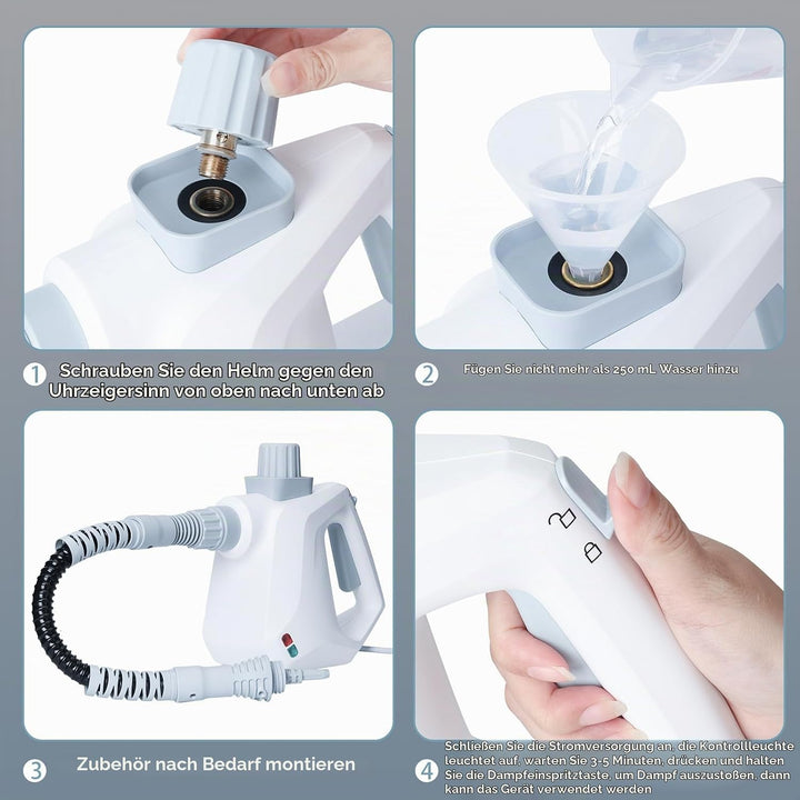 Dampfreiniger Hand, Elektrischer Dampfreiniger Handgerät mit 10 Zubehör, 3,2 Bar &amp; 1000W Dampfreinig