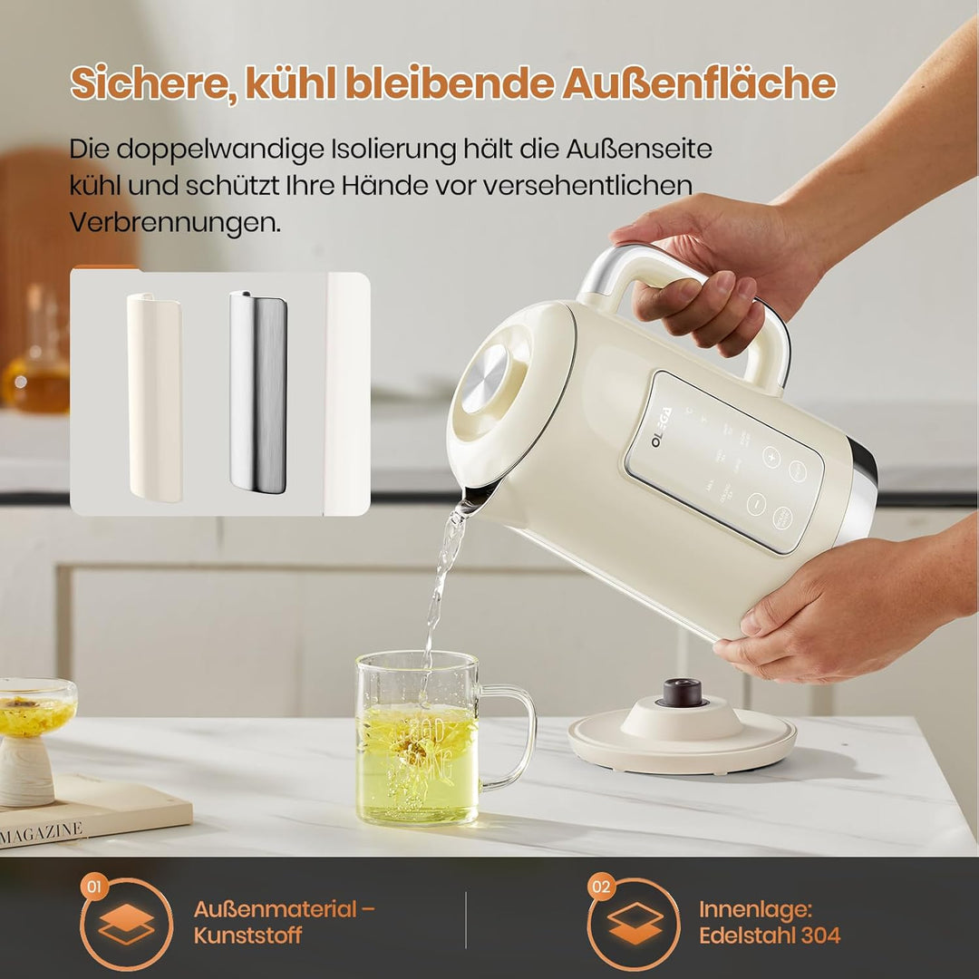 OLEGA Wasserkocher: 1800 W Wasserkocher mit Temperaturregelung, 1,5 l Fassungsvermögen, Edelstahl, S