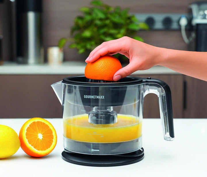 GOURMETmaxx Elektrische Zitruspresse 25 W – Frischer Saft auf Knopfdruck | 700 ml Saftbehälter | Gro