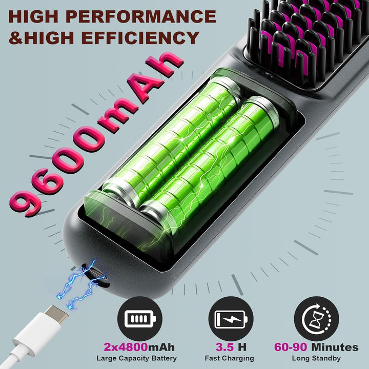 Glättbürste Kabellose 9600 mAh, 40 Millionen Negative Ionen Glättungsbürste, Wiederaufladbare Haargl