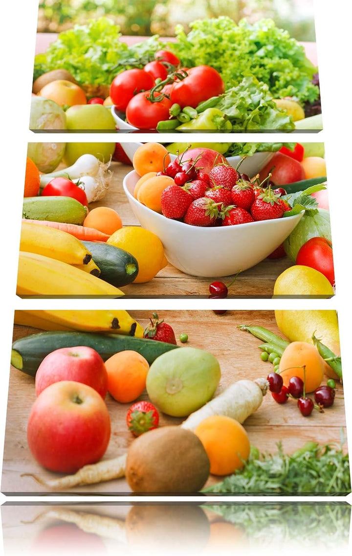 Pixxprint Buntes Obst und Gemüse als Leinwandbild - Grösse: 3-Teilig (120x80cm) - Wandbild - Kunstdr