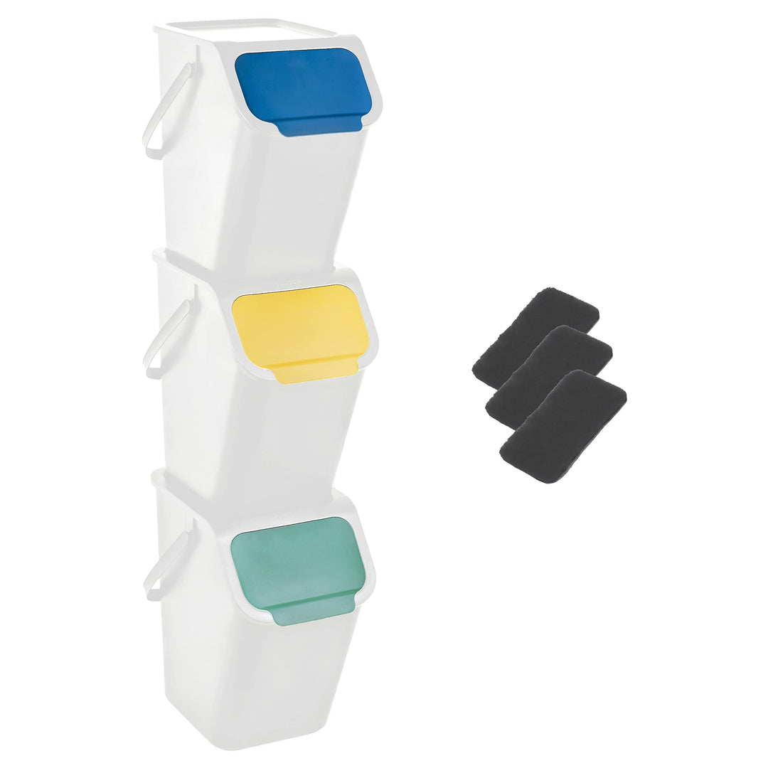 3-er Set Mülleimer und 3-Pack Bioaktivkohlefilter, Stapelbox Klick-Deckel, Abfalltrennsystem Küche M
