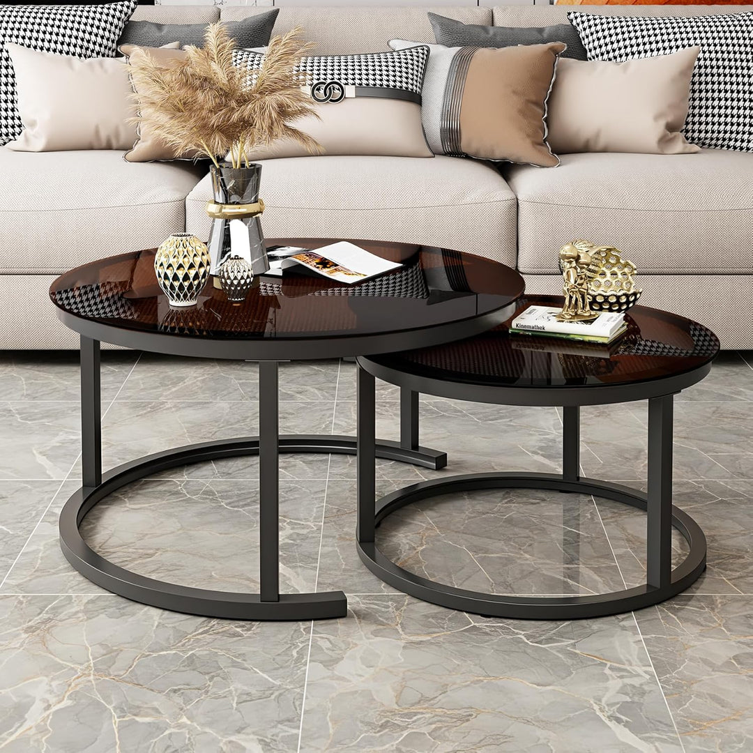Hawthyhome 2 Stücke Beistelltisch Set rund, Moderne Kaffeetische, Couchtisch aus Glas mit Metallrahm