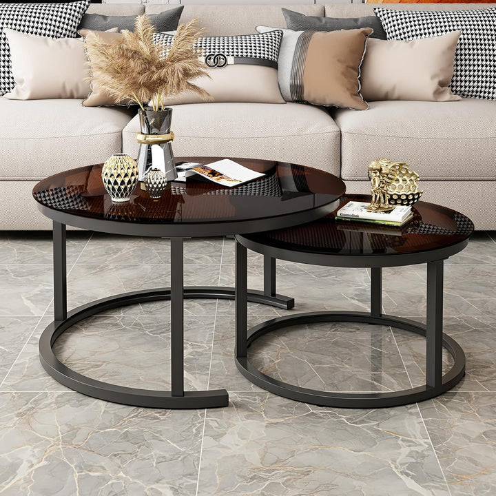 Hawthyhome 2 Stücke Beistelltisch Set rund, Moderne Kaffeetische, Couchtisch aus Glas mit Metallrahm