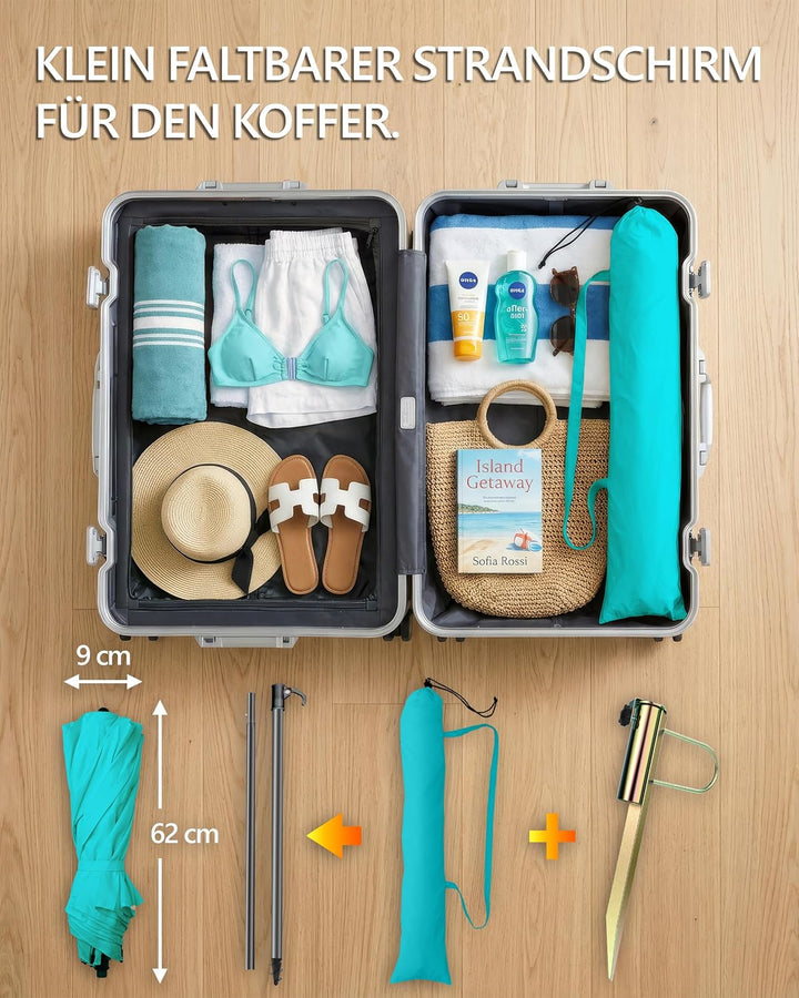 4smile Sonnenschirm Strand Ø 180 cm, 3-in-1 SET mit Rasendorn, Türkis | Strandschirm windfest stabil