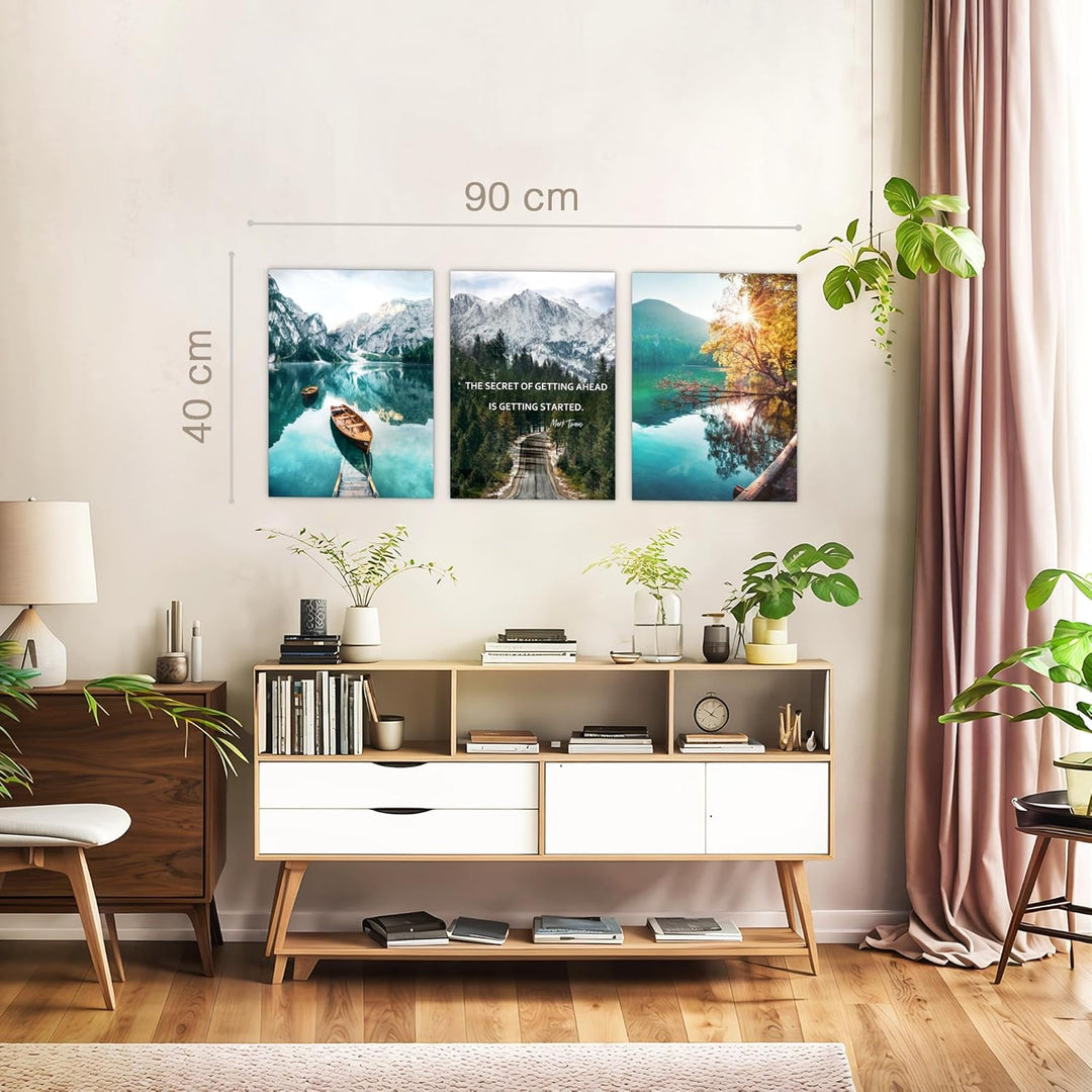 Novart Wandbilder Set Natur Berge - KOMPLETT AUFHÄNGFERTIG - Wohnzimmer Schlafzimmer Flur Deko - 3 M