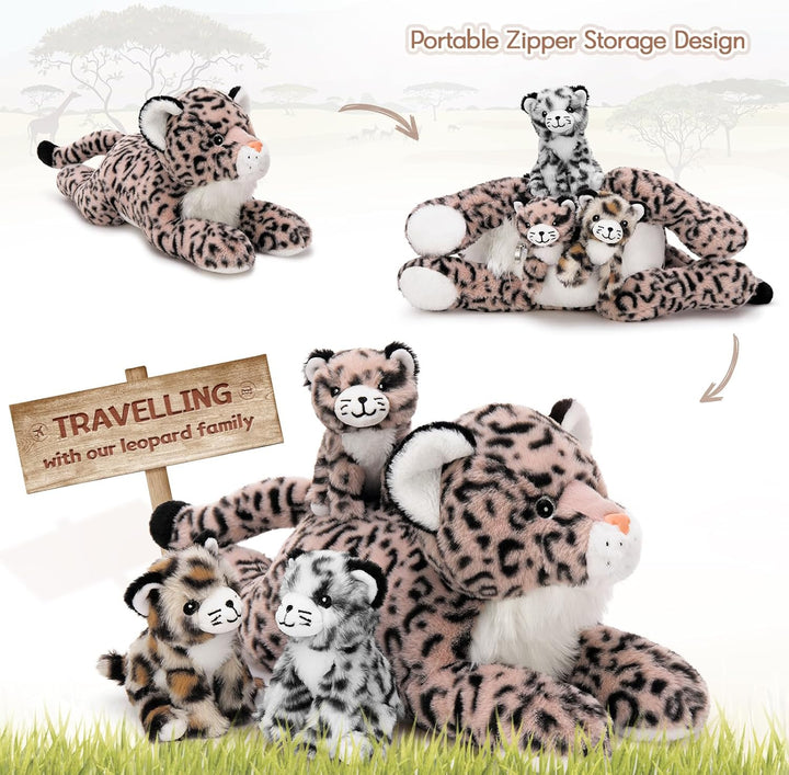MorisMos 45cm riesen Leopardo Kuscheltier XXL mit 3 Baby im Bauch, gross liegend Plüsch Leopard XXL,