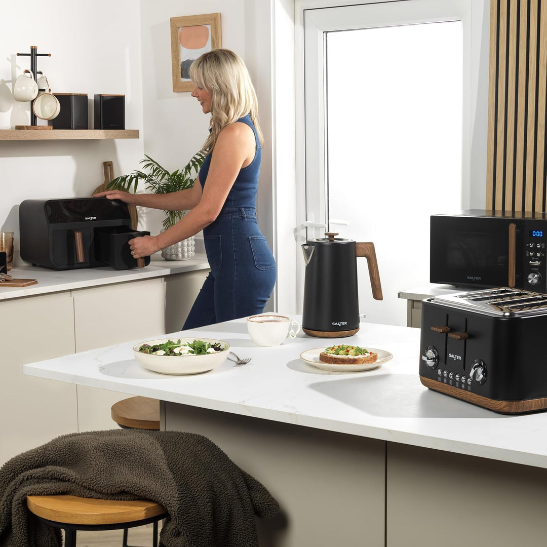 SALTER Toronto 1,7L Wasserkocher – 3kW Schnellkochfunktion, 360° Basis, Kalkfilter, Holzdesign, Kabe