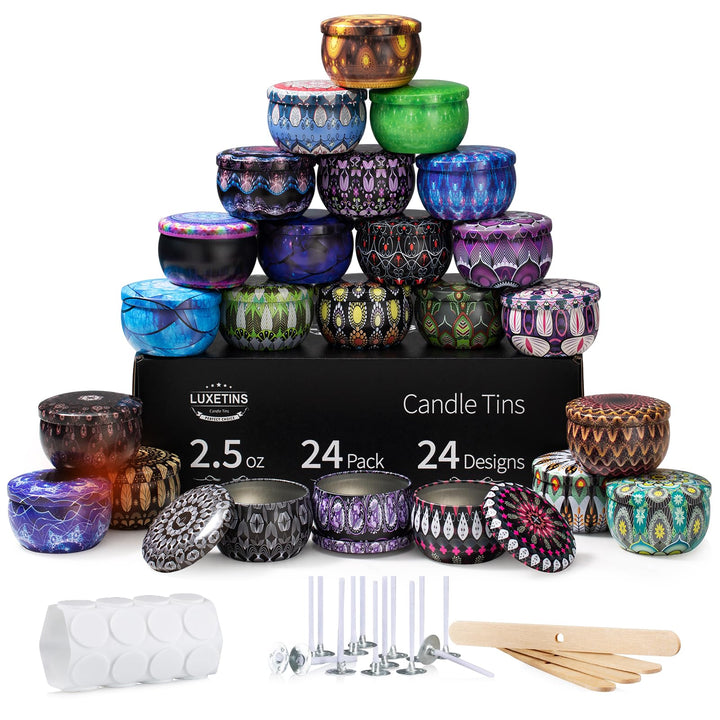 Luxetins 24 Stück Basteldosen mit Mandala-Design (24 Motive) - Komplettset mit Deckel, Dochten, Halt