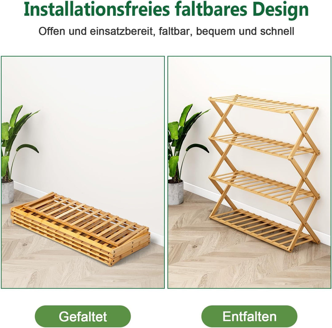 Trintion Schuhregal, 70×70cm Faltbares Schuhregal Aus Bambus Mit 4 Ebenen, 16 Paar Schuhe Schmal, Ho