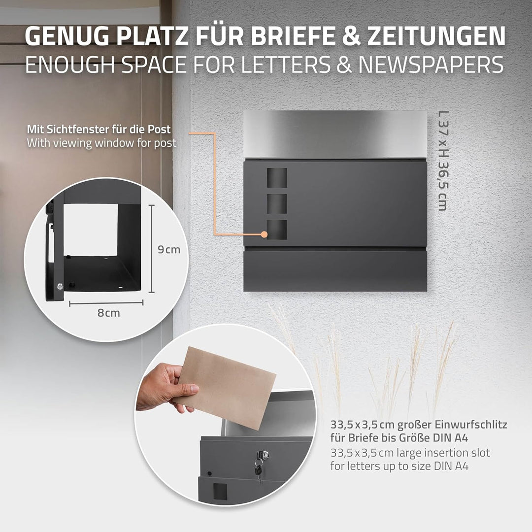 ECD Germany Standbriefkasten mit Zeitungsfach, Design Briefkasten mit Pfosten, Standfuss freistehend